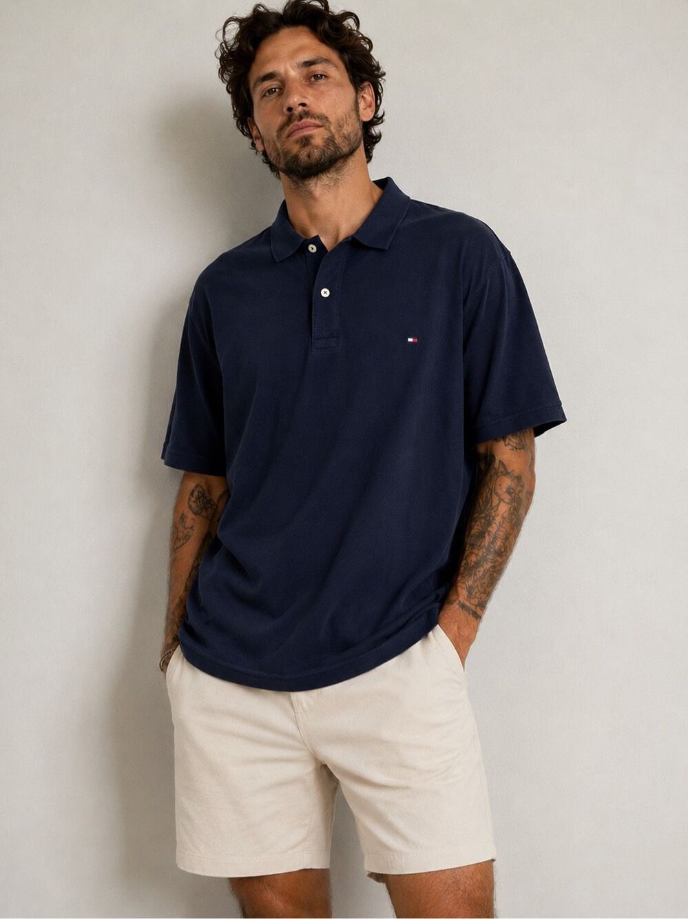 Tommy Hilfiger Navy Polo Shirt Short Sleeve Slim Fit Vintage Style Size XXL
